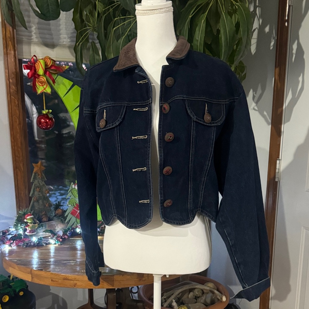 Navy Blue Denim Jacket with Brown Accents